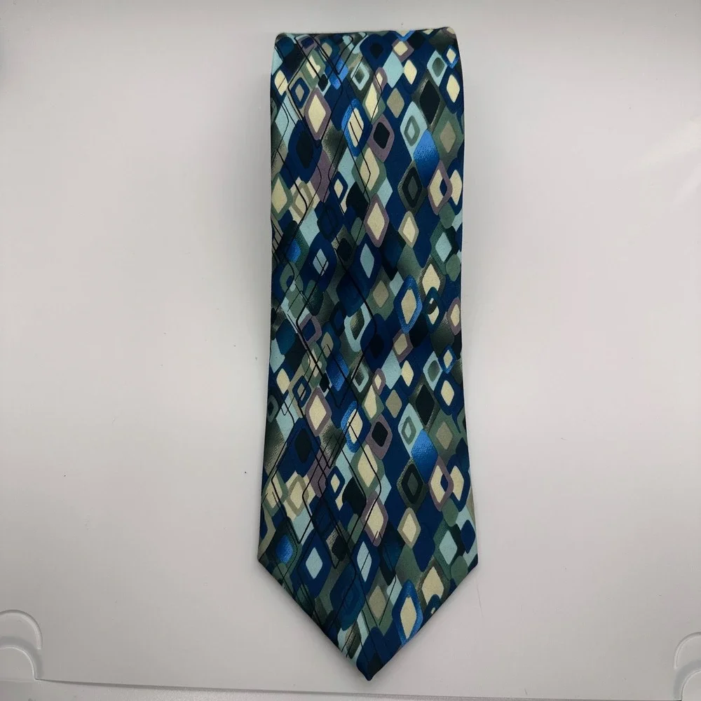 J. Garcia Necktie Geometric Diamond Pattern Blue Green Silk‎ Blend